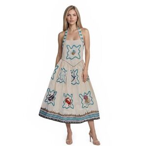 NWT MO MAYA Namaste Dress Womens Size XS White Linen Nautical Sea Life MSRP $345